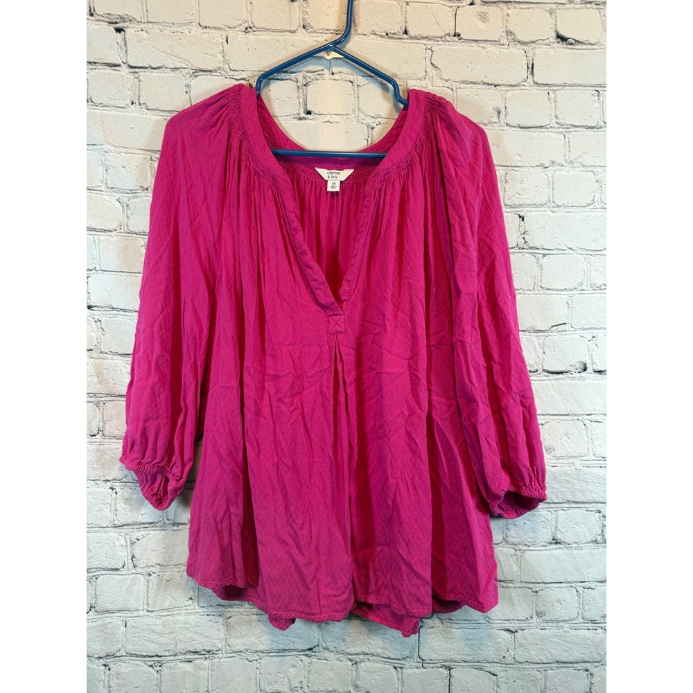 Crown & Ivy Womens 1X‎ Pink 3/4 Sleeve V-Neck Tunic Top Blouse